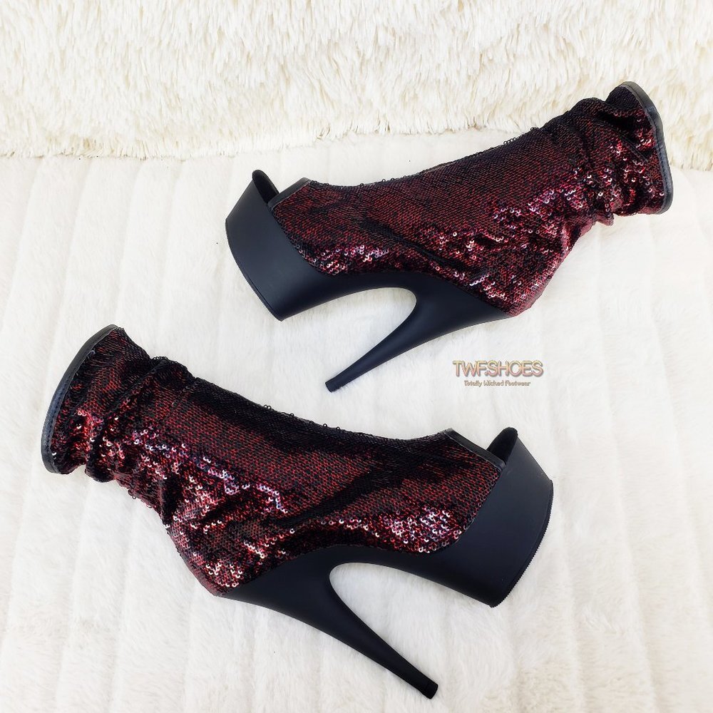 Pleaser Burgundy Sequin Slouch Shaft High Heel Platform Ankle Boots Delight 1008